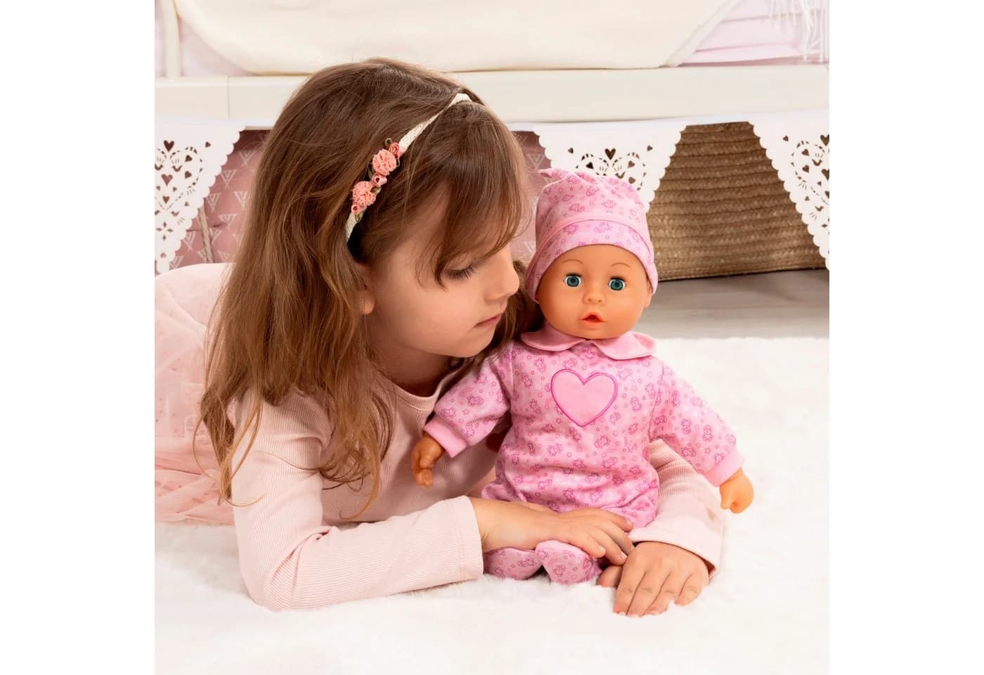 Bayer Babypuppe First Words Baby 38 cm Schafe Rosa (3-tlg) mit Schlafaugen und Babygeräuschen