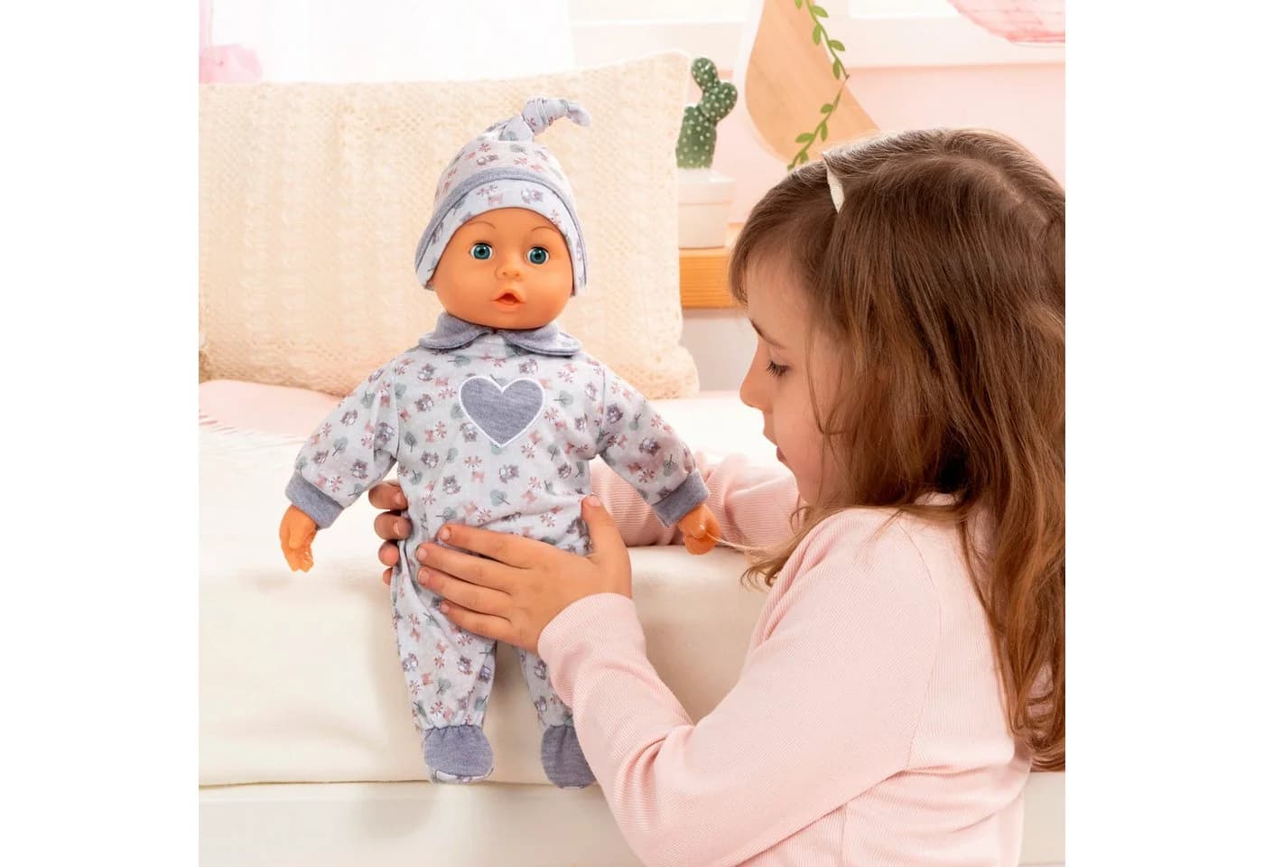 BAYER First Words Babypuppe 38 cm Grau mit Sound und Schlafaugen