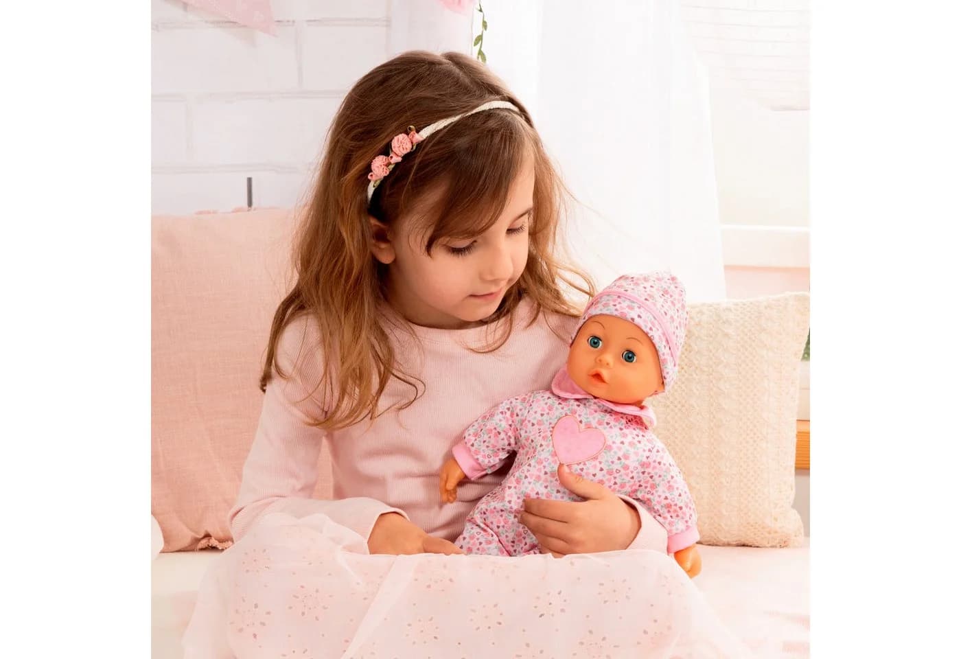 Bayer Babypuppe First Words Baby, 38 cm, Herzen Rosa (3-tlg), mit Schlafaugen und Babygeräuschen
