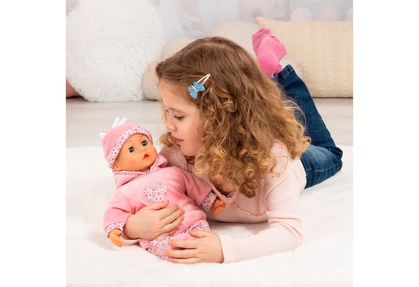 Bayer Babypuppe First Words Baby 38 cm Rosa 3-tlg. mit Schlafaugen und Babygeräuschen