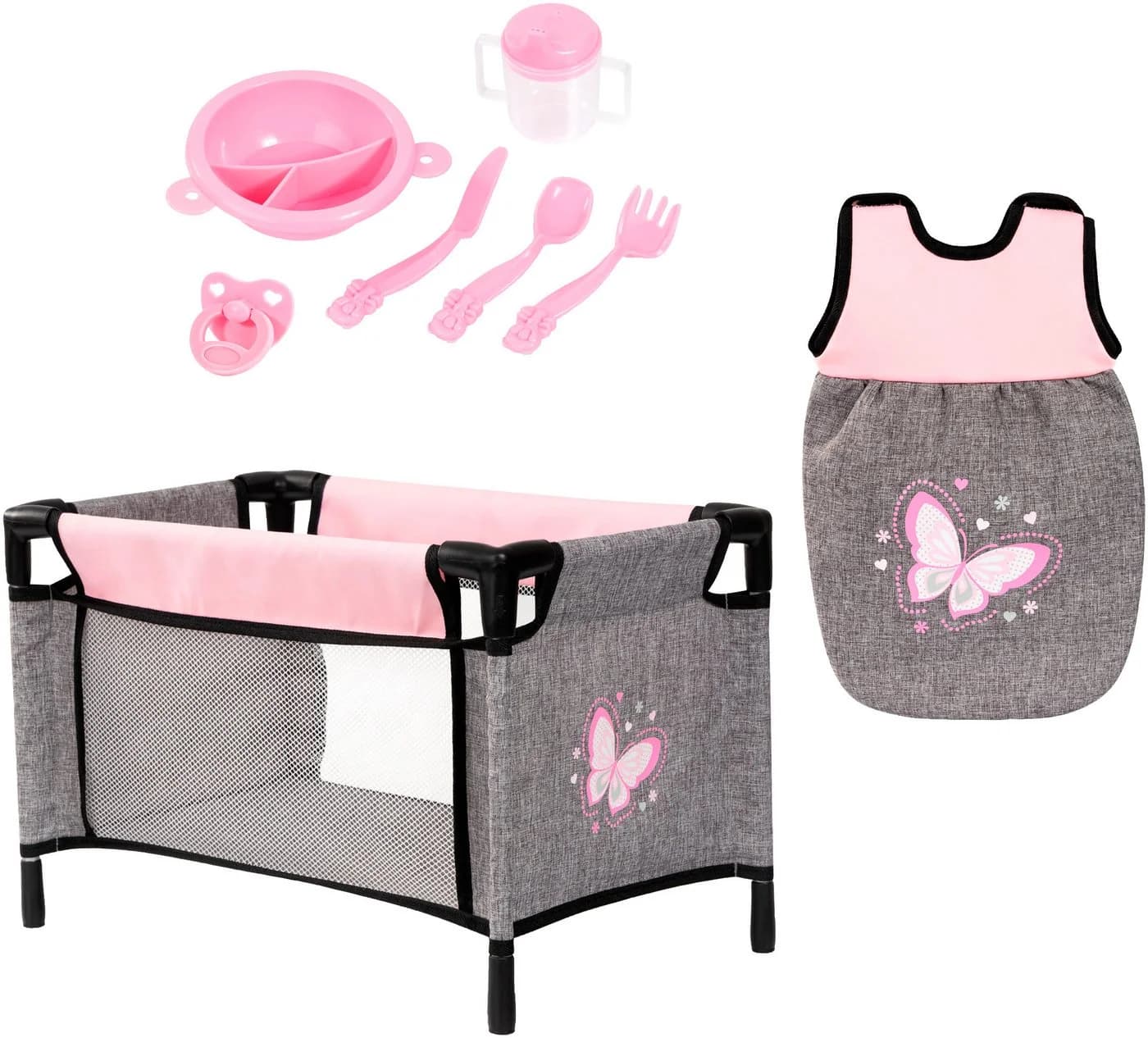 Bayer Puppen-Reisebett-Set 8-tlg. Grau/Rosa mit Zubehör - Bild 2