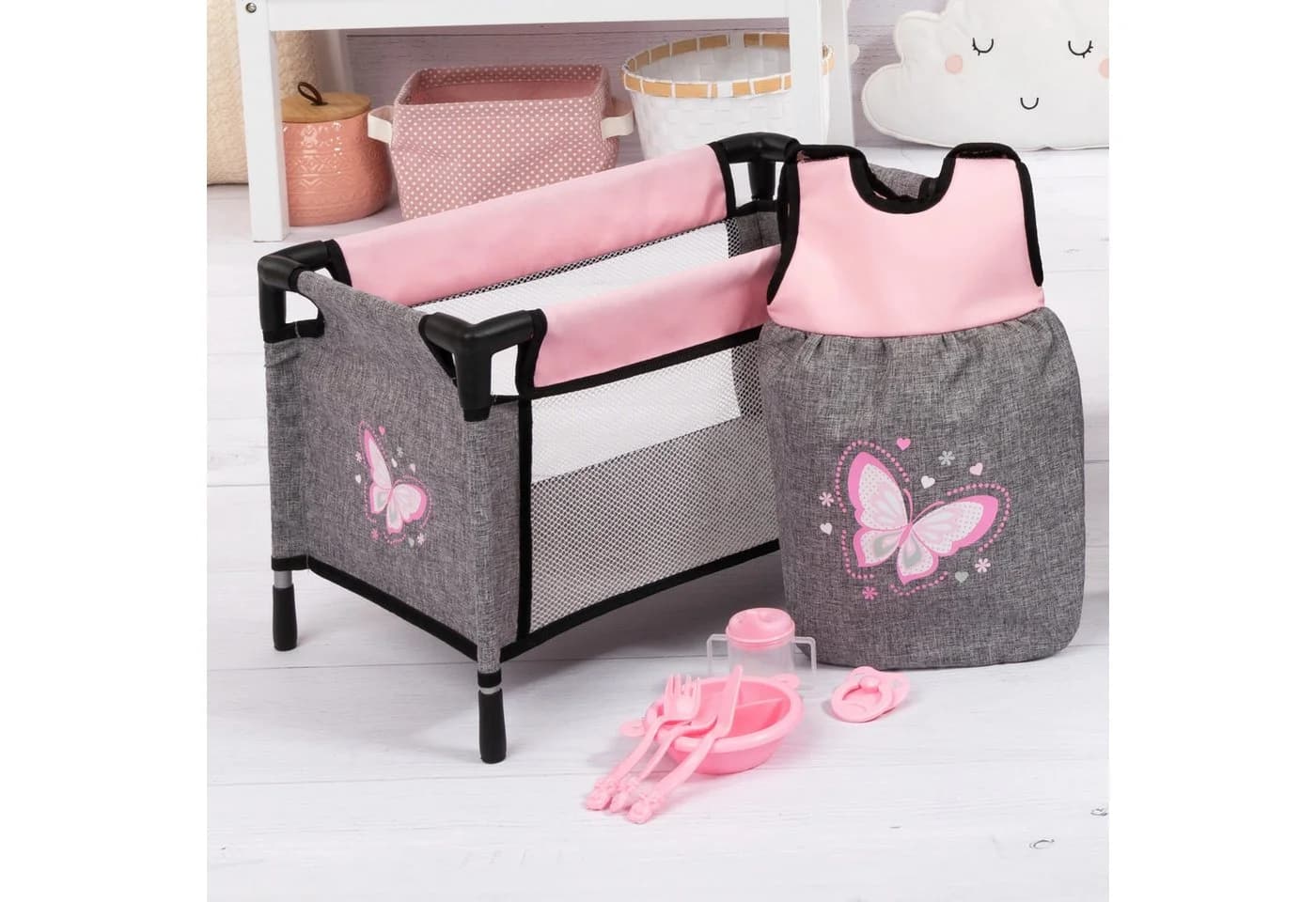 Bayer Puppen-Reisebett-Set 8-tlg. Grau/Rosa mit Zubehör - Bild 5