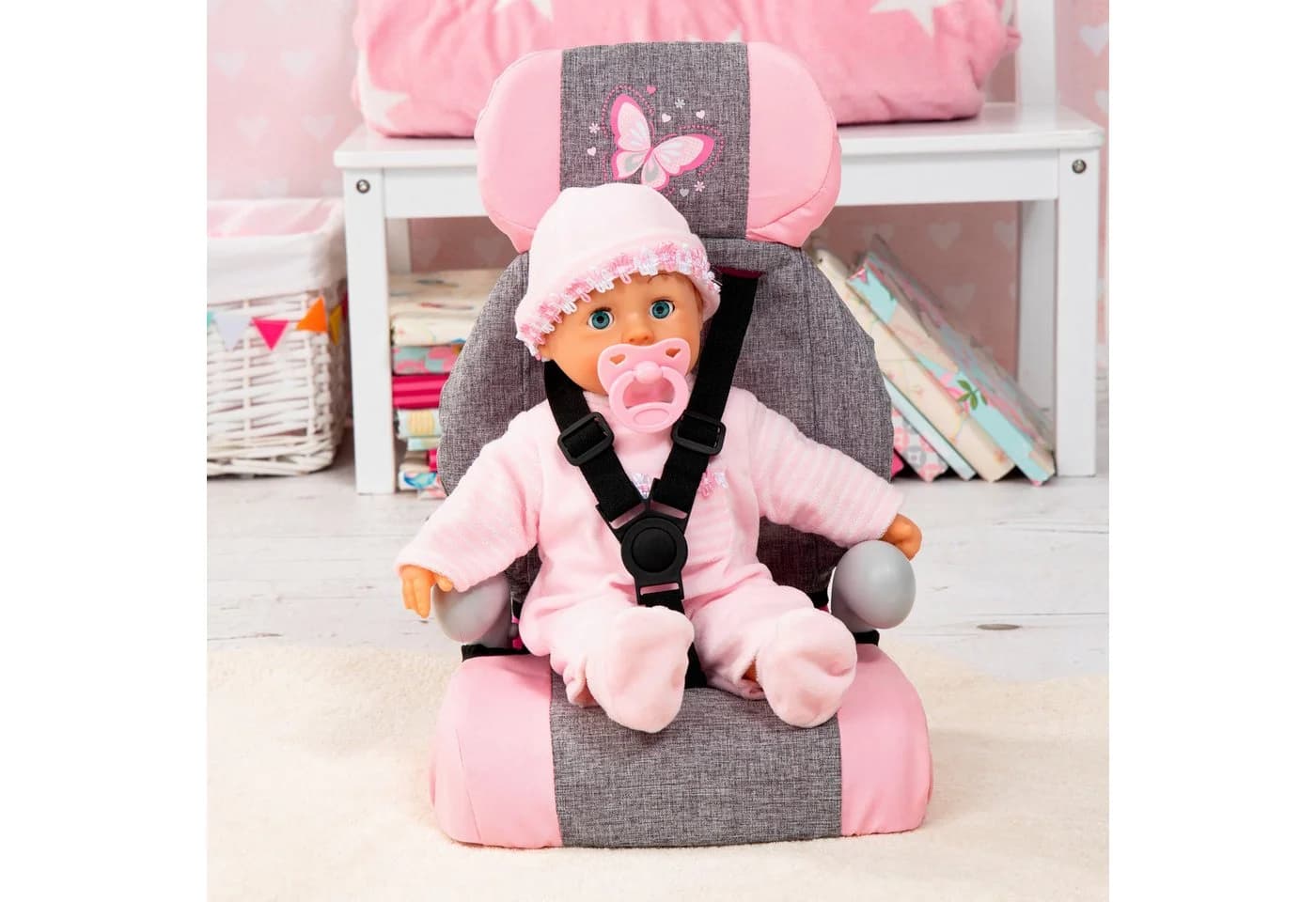 Bayer Puppen Autositz Deluxe Grau/Rosa mit Schmetterlings-Motiv - Bild 5