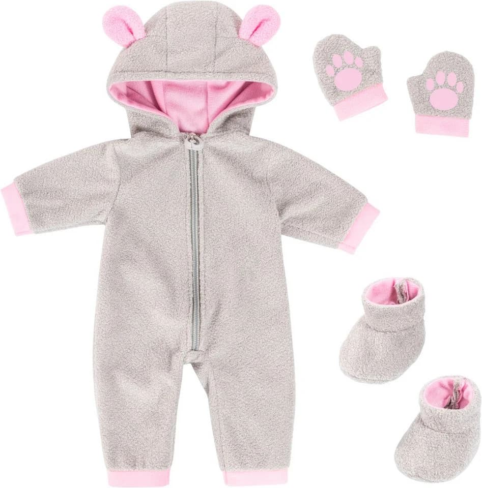 Bayer Puppenkleidung Plüschoverall Grau/Rosa 3-tlg Set - Bild 2