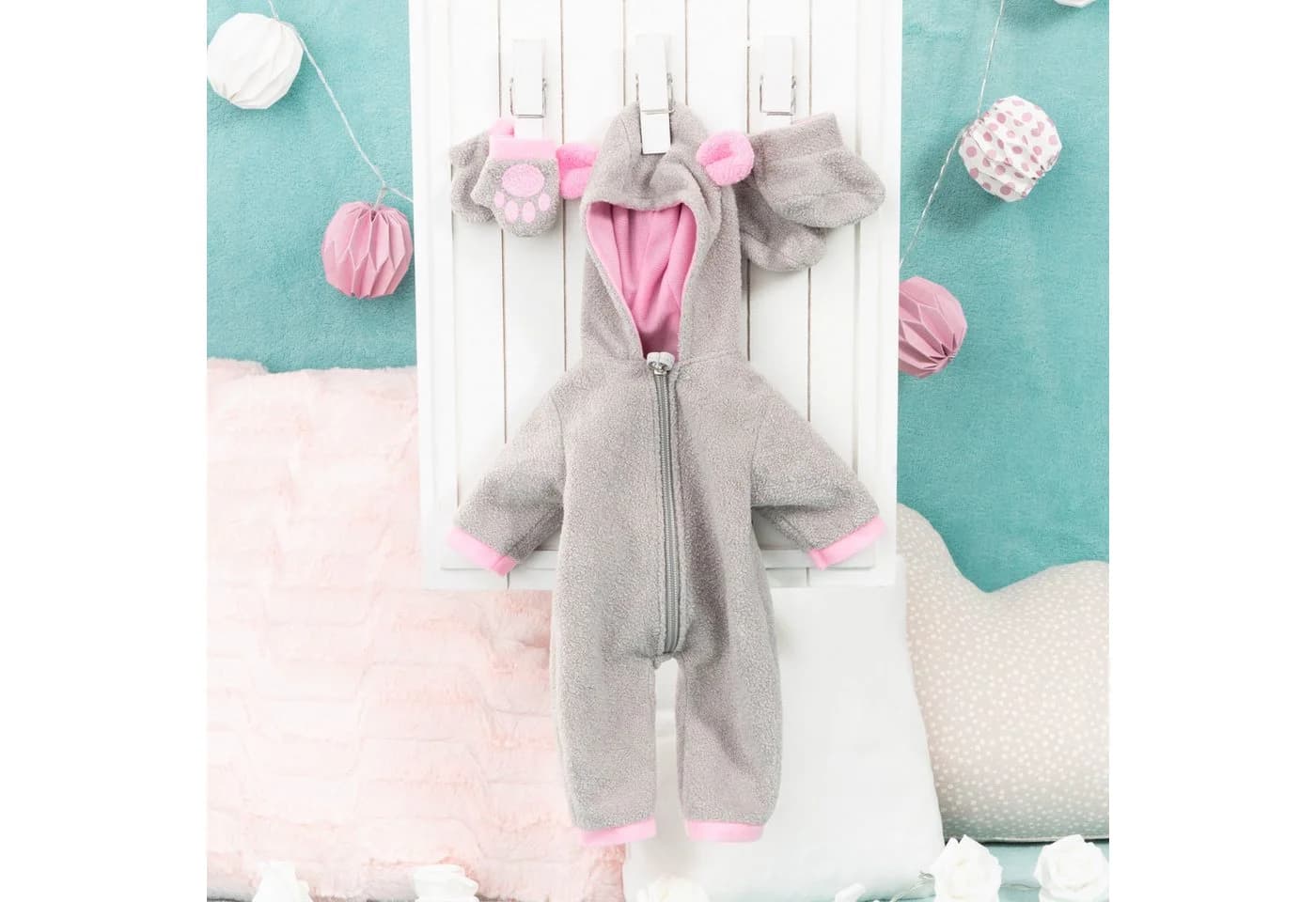 Bayer Puppenkleidung Plüschoverall Grau/Rosa 3-tlg Set - Bild 4