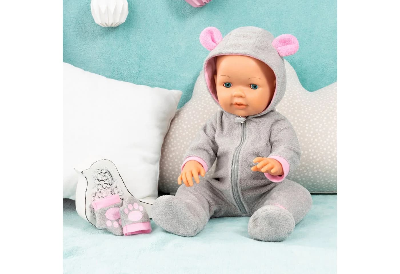Bayer Puppenkleidung Plüschoverall Grau/Rosa 3-tlg Set - Bild 5