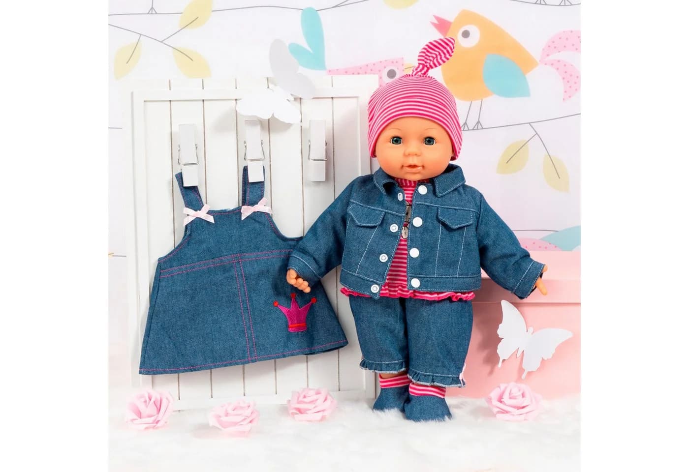 Bayer Puppenkleidung Set 7-tlg. Blau Jeansstoff 42-46 cm