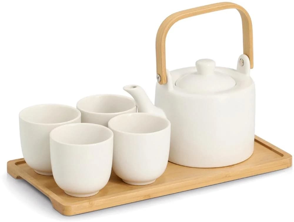 ZELLER PRESENT Geschirr-Set 6-tlg. Tee-Set weiß Steingut Bambus