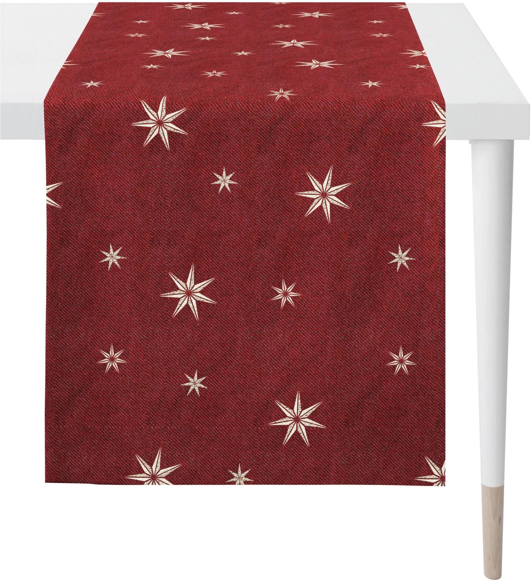APELT Tischläufer 5842 Rot Gold Jacquard Sternenmotiv