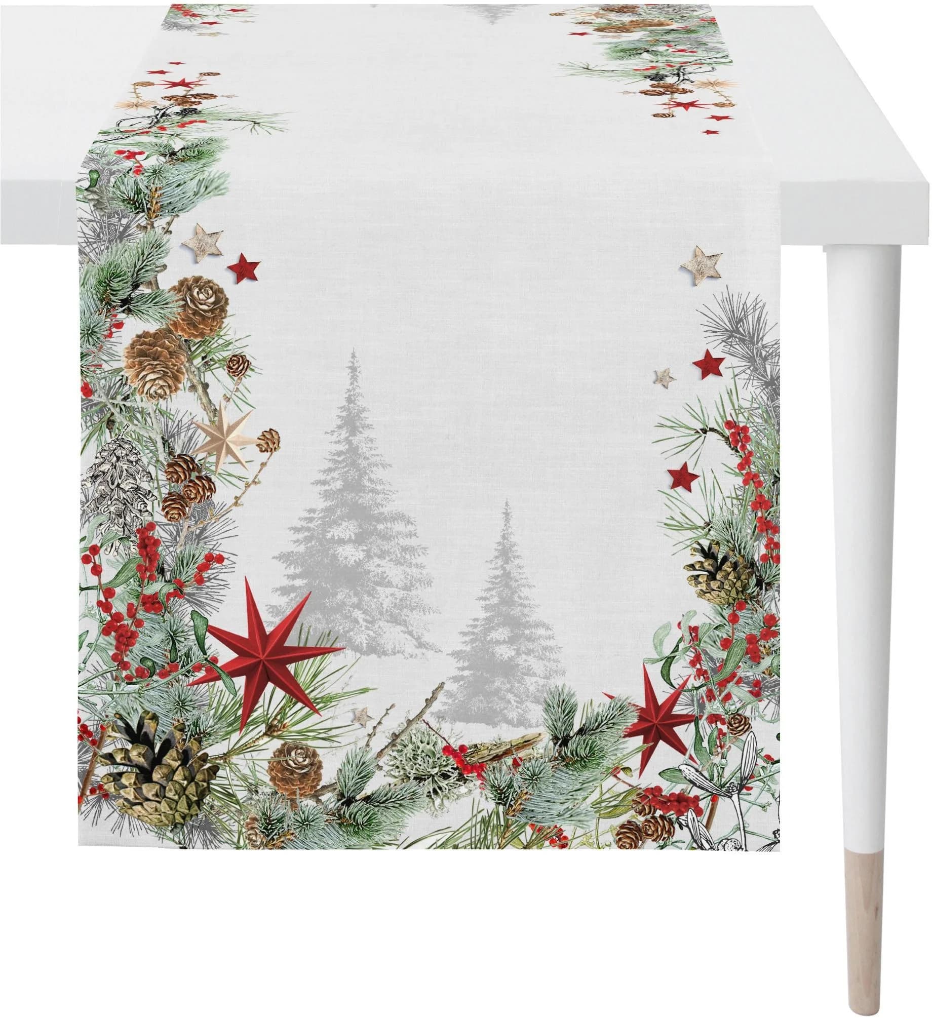 Tischläufer APELT 5823 Winterwelt-Motiv Grau/Rot 140x48 cm Baumwolle