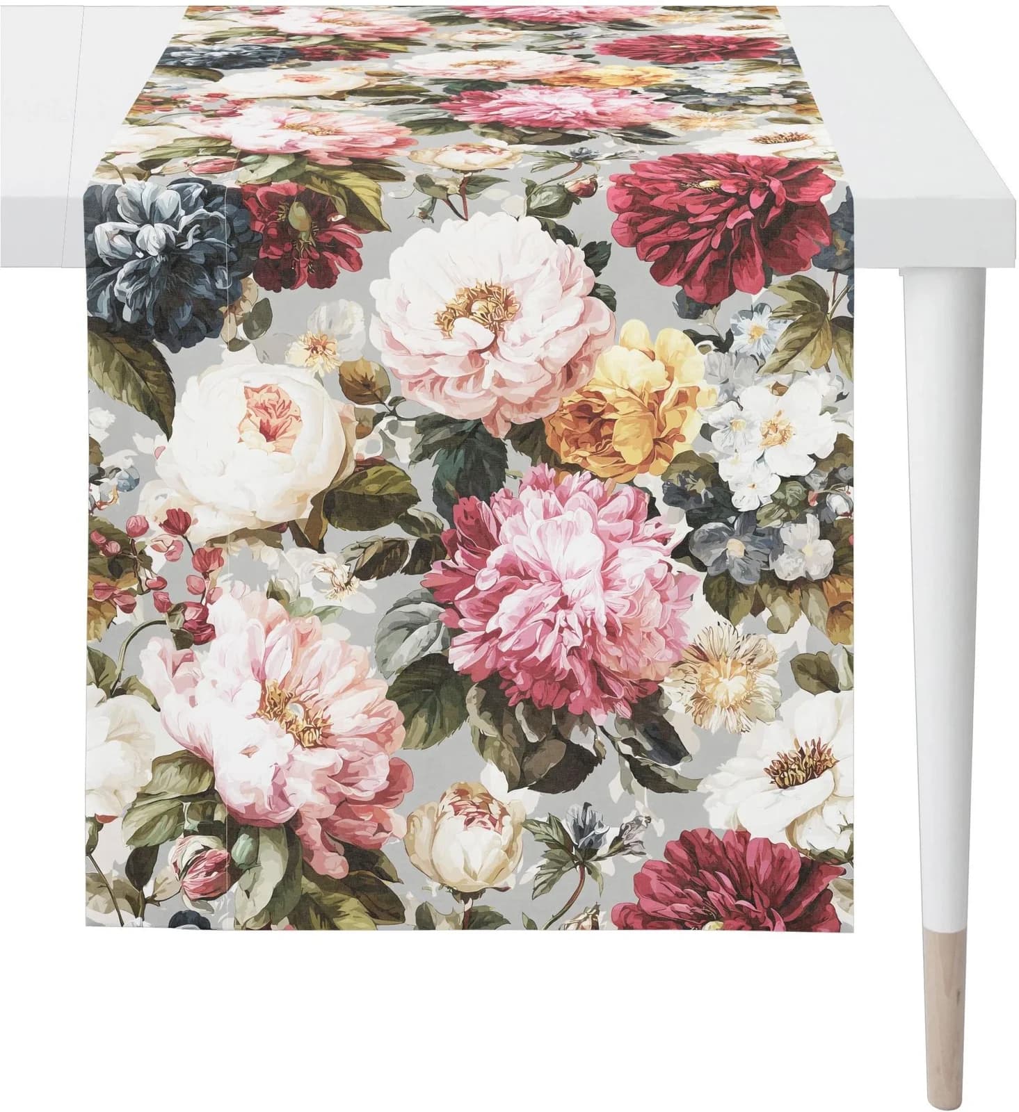 APELT Tischläufer 7405 Blumenmotiv Grau Rose Bordeaux