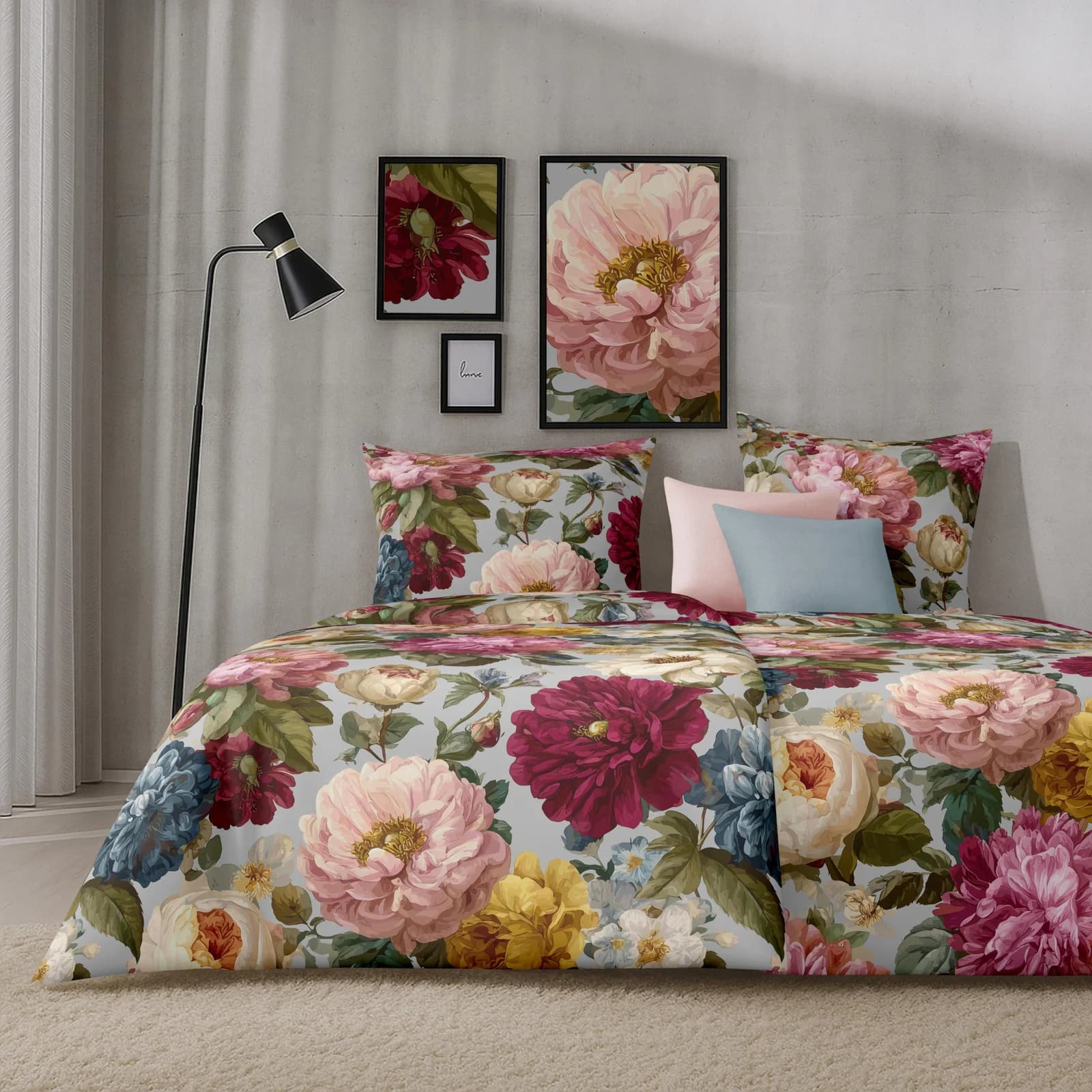 Apelt Bettwäsche-Set Daphne Satin Floral Grau/Bunt
