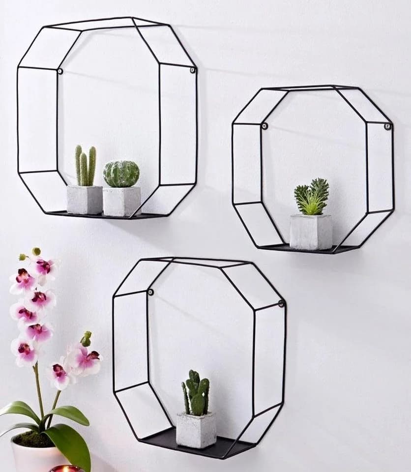 CREATIV HOME 3-tlg. Wandregal Set Schwarz Metall Achteckig - Bild 2