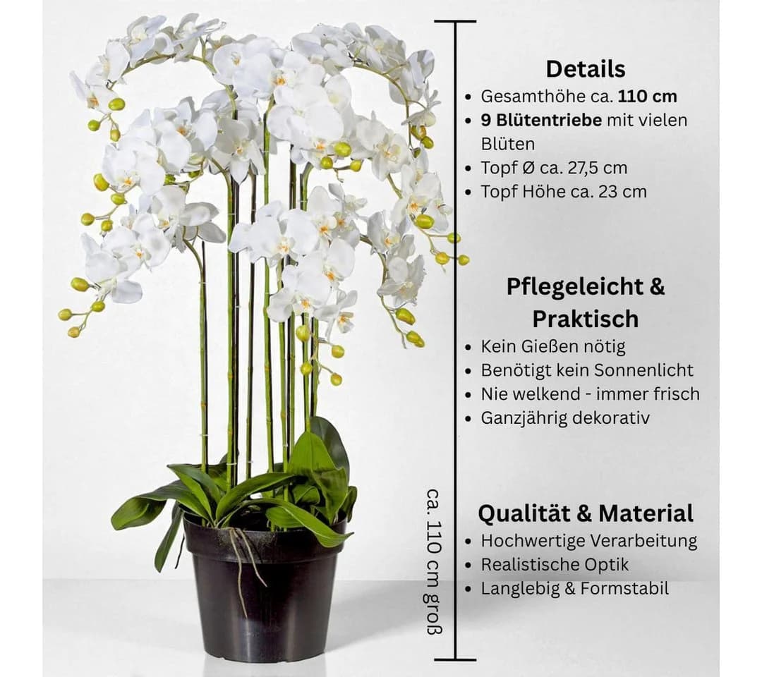 Kunstorchidee Phalaenopsis Orchidee im Topf 110cm Weiß Gasper