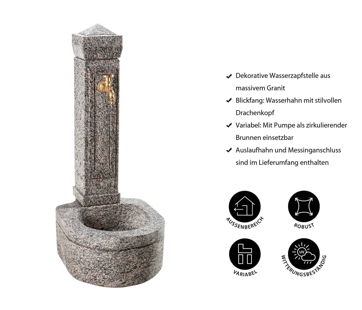 Dehner Gartenbrunnen Berlin Granit Grau mit Wasserhahn