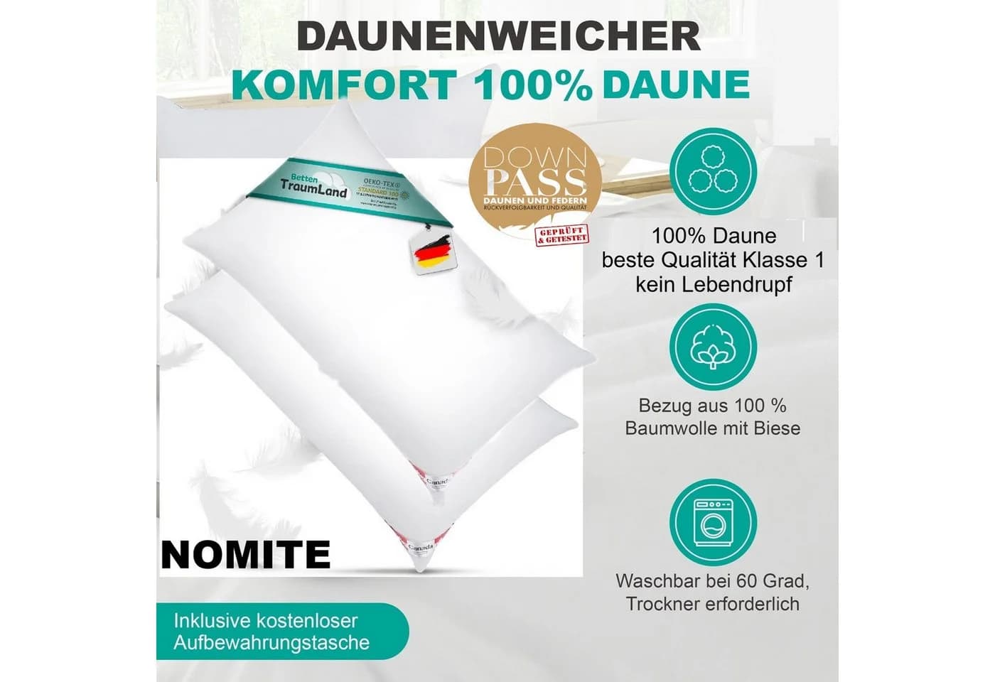 Canada Daunenkissen extra weich 100% Daune Flachkissen Baumwolle