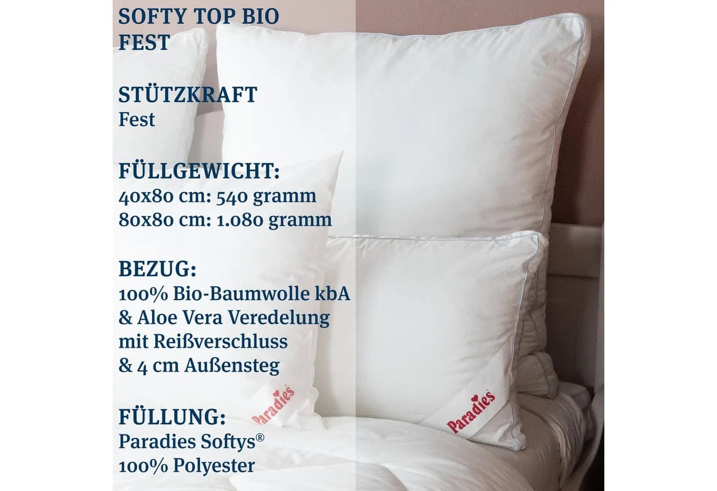 Paradies Kopfkissen Softy Top Bio 40x80 cm Feste Stützkraft - Bild 3