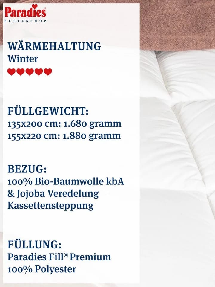 Paradies Runa Bio Kunstfaserbettdecke Winterdecke 100% Polyester Bio-Baumwolle - Bild 3