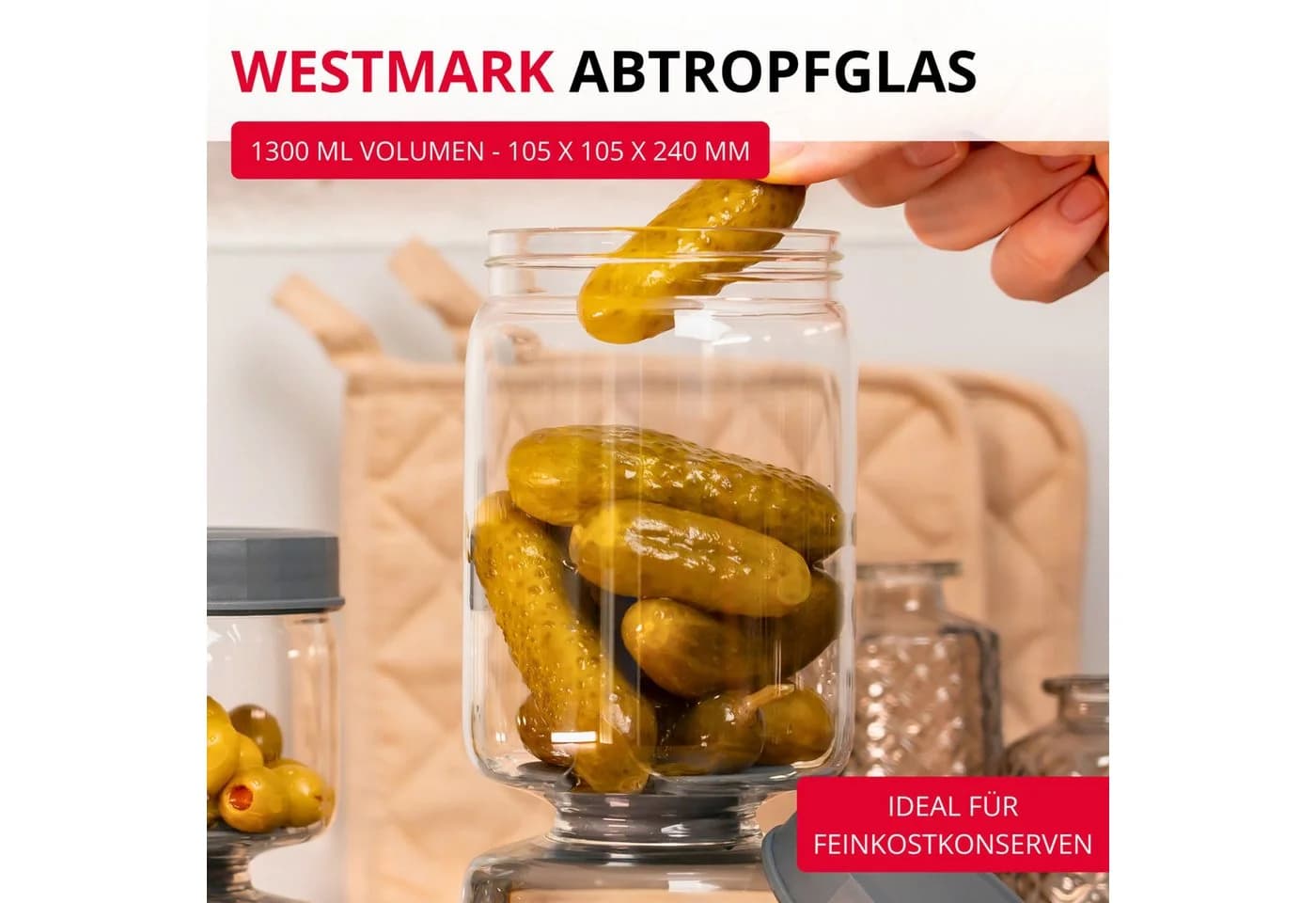 WESTMARK Abtropfglas 1300ml mit Sieb Transparent/Schwarz