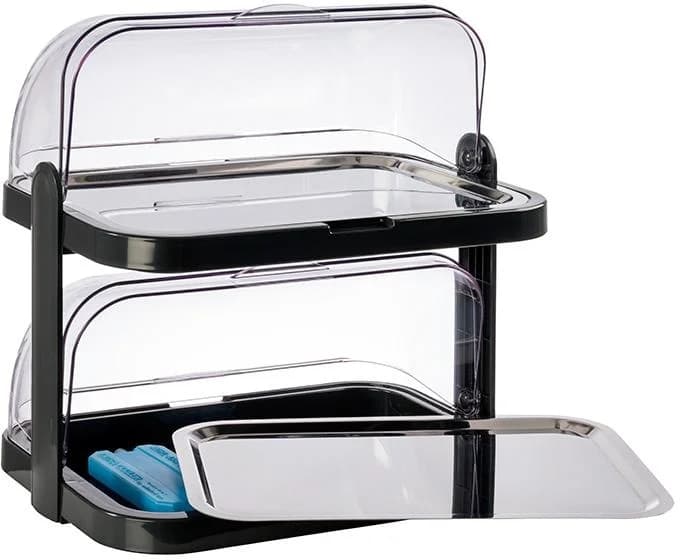 APS Buffet-Vitrine Doppeldecker Schwarz Transparent Edelstahl Kunststoff
