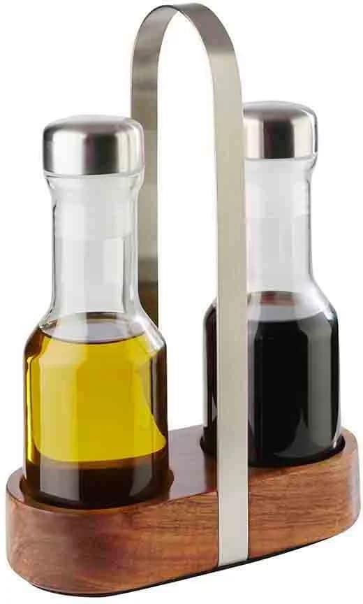 APS Menage-Set Wood mit Dosierspendern, Essig & Öl, Holz & Glas