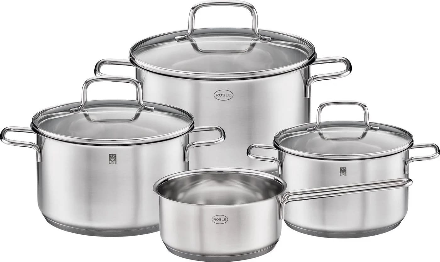 RÖSLE Basic Line Topf-Set 4-tlg. Silber Universaltöpfe mit Schüttrand und Glasdeckel - Bild 2
