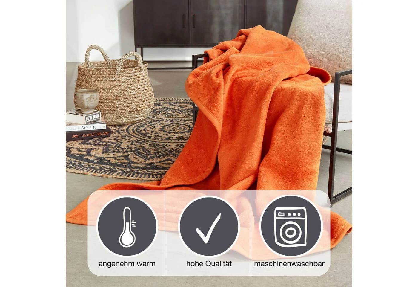 IBENA Luxus Wohndecke Orange Uni 100x150cm Baumwolle Polyacryl - Bild 3