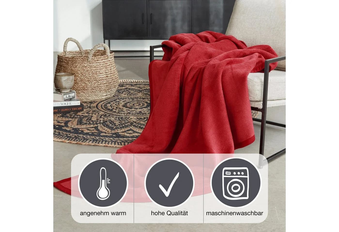 IBENA Wohndecke Luxus Rot Uni Kuscheldecke - Bild 3