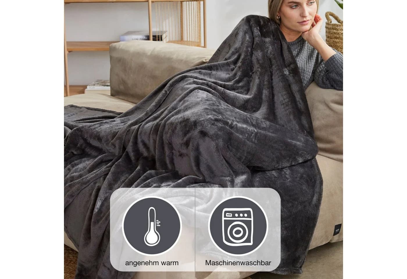 IBENA Uni Fleecedecke Olbia Grau Anthrazit Kuscheldecke - Bild 3