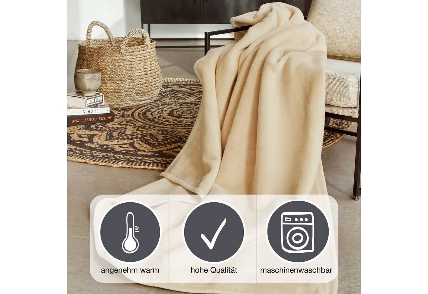 IBENA Wohndecke Luxus Uni Beige Kuscheldecke Premium Made in Europe