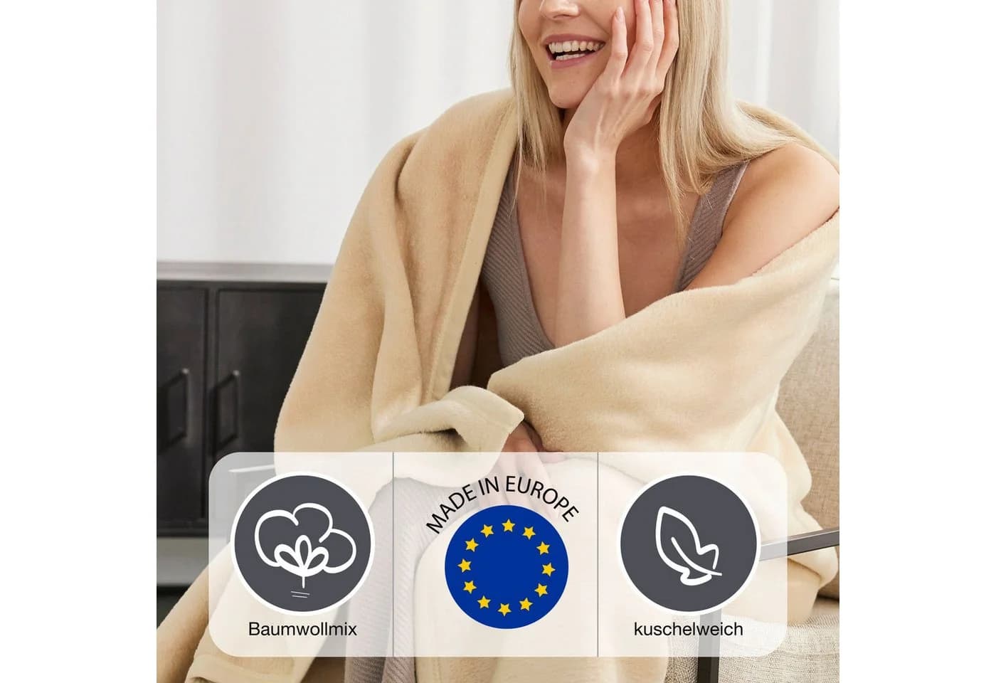 IBENA Wohndecke Luxus Uni Beige Kuscheldecke Premium Made in Europe - Bild 3