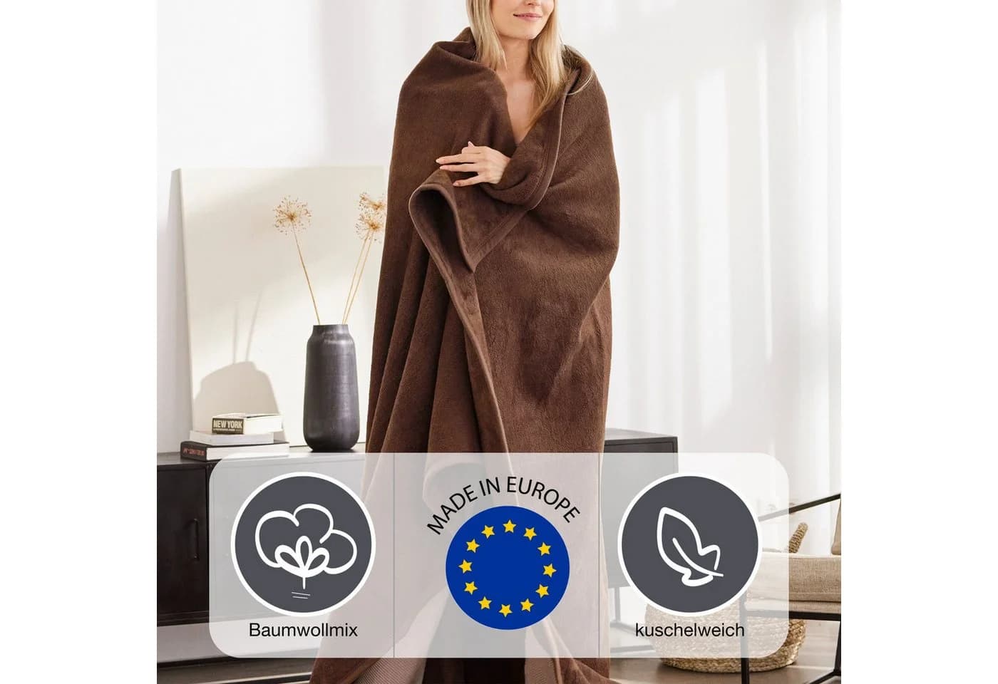 IBENA Wohndecke Luxus Braun Uni Kuscheldecke Premium Made in Europe - Bild 3