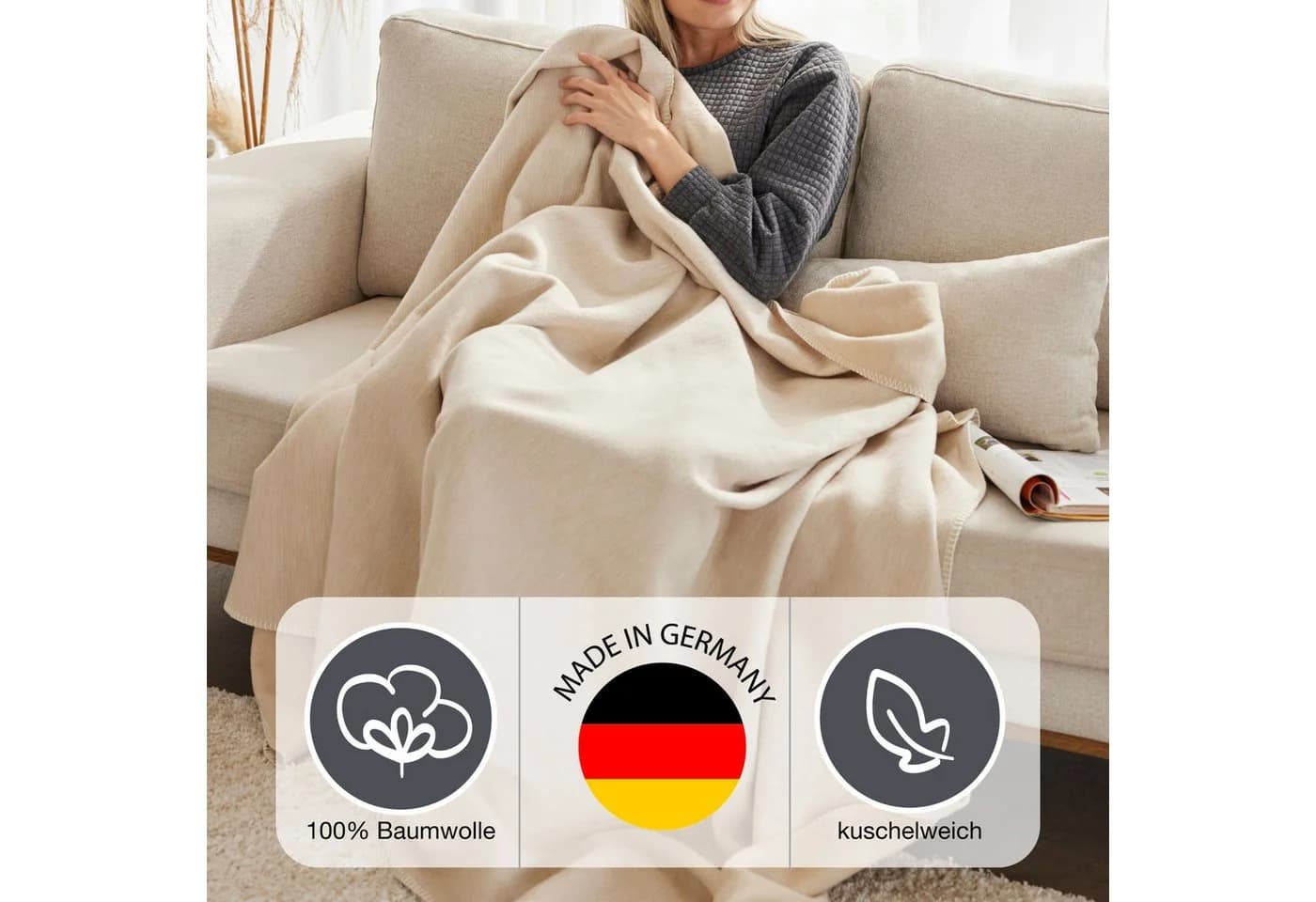 IBENA Wohndecke Lausanne Melange-Look Baumwolle Beige