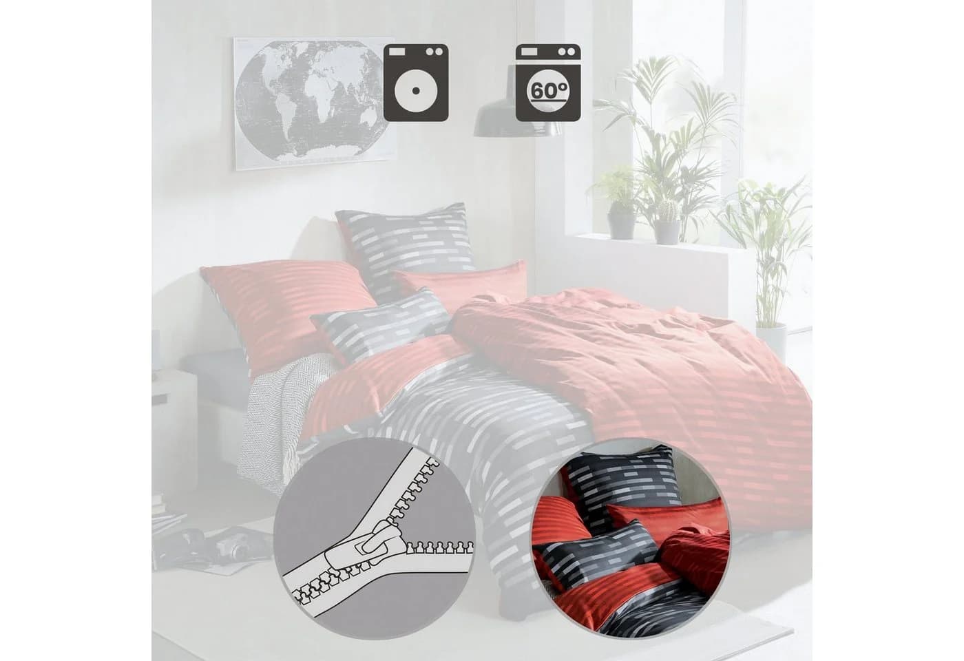 LOOKS by Wolfgang Joop Wendebettwäsche Mako-Satin Streifen Grau/Rot - Bild 5