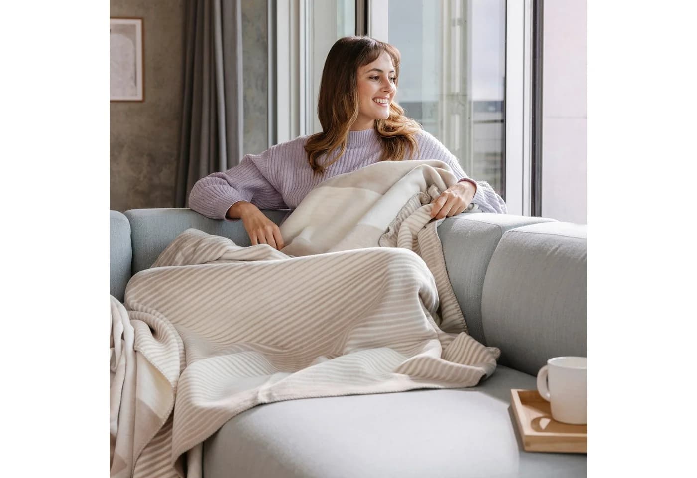 IBENA Wohndecke Glasgow Beige Jacquard mit Streifen - Bild 5