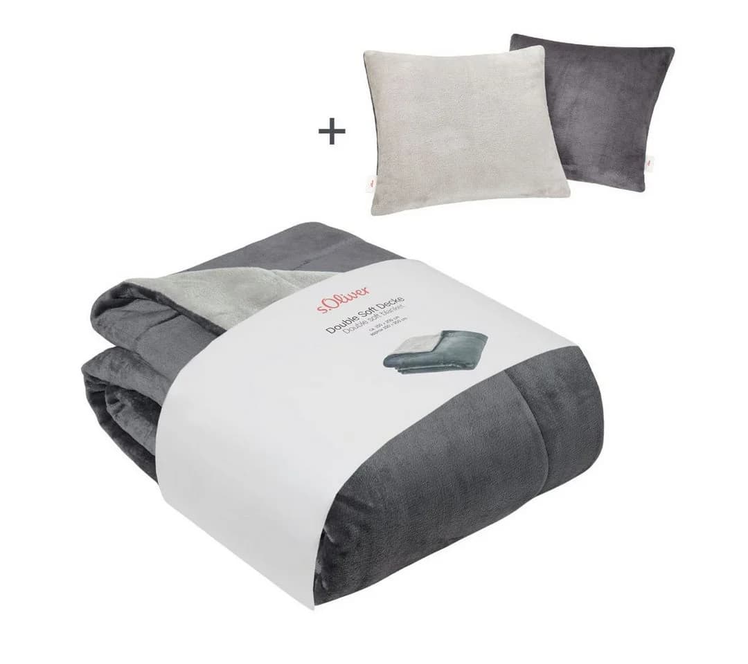 s.Oliver Doublesoft Kuscheldecke Grau 150x200 cm mit Kissen - Bild 2