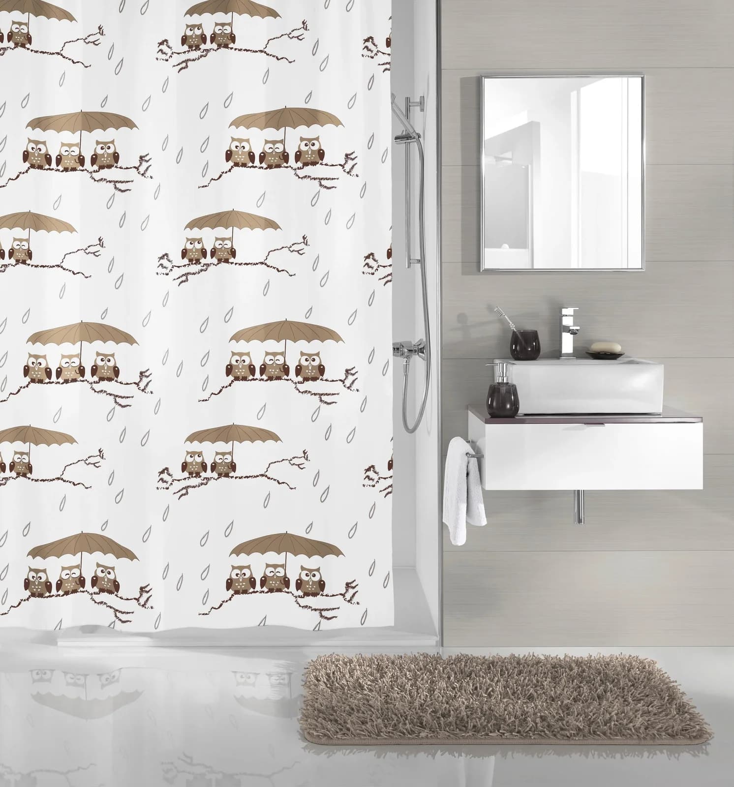 Kleine Wolke Duschvorhang Eulen Grau Weiß Taupe Polyester