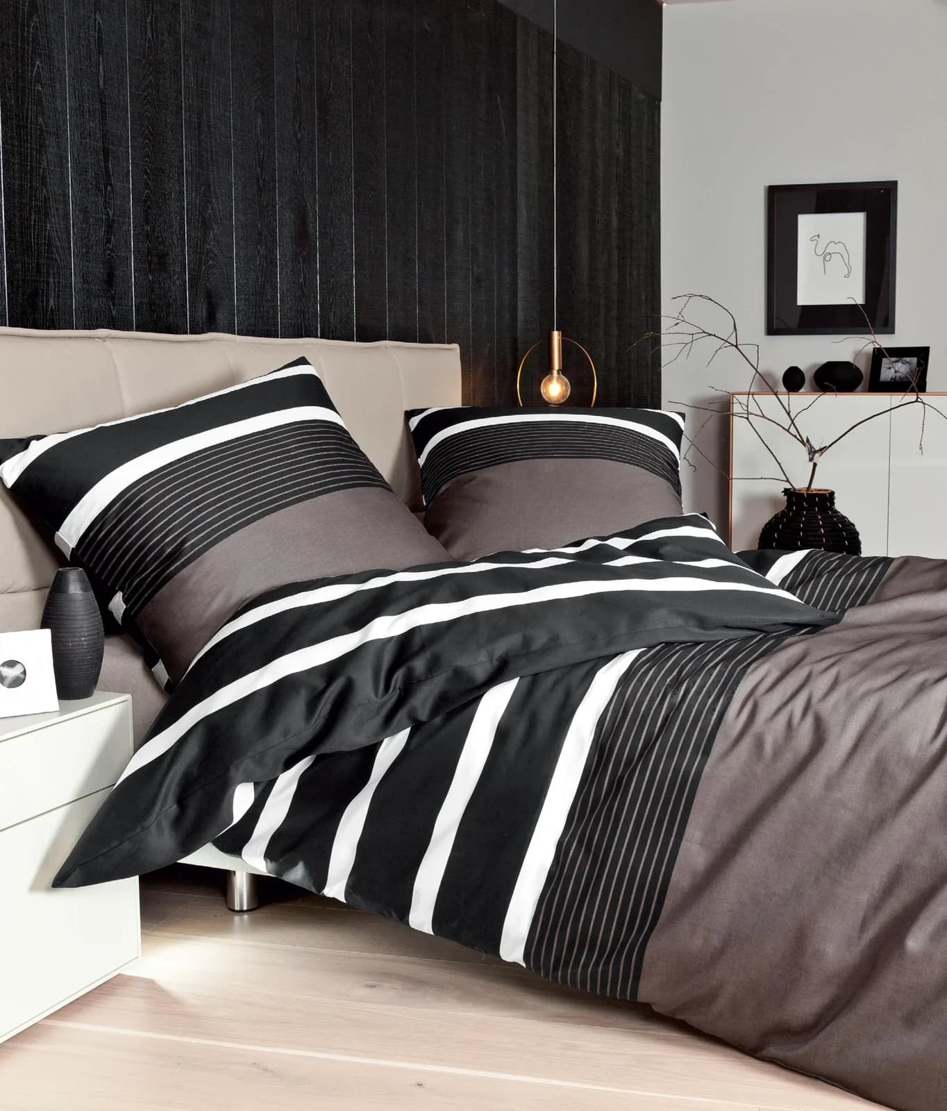 Bettwäsche JANINE Mako-Satin nougat schwarz 140x200 cm
