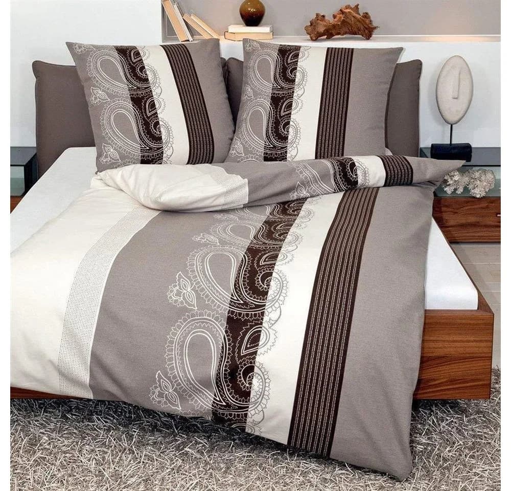 Janine Mako Satin Bettwäsche Set Barock Gestreift Beige Braun