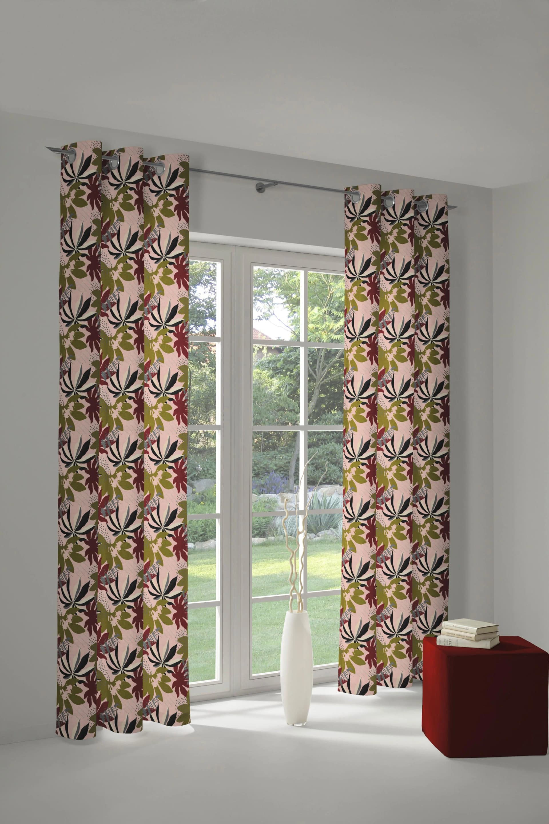 Vorhang ADAM Jungle Grün/Dunkelrot/Rosa 145x175cm Bio-Baumwolle
