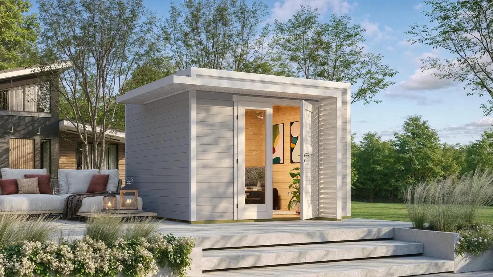WEKA Amberley Gartenhaus 350x350 cm Massivholz Grau/Weiß