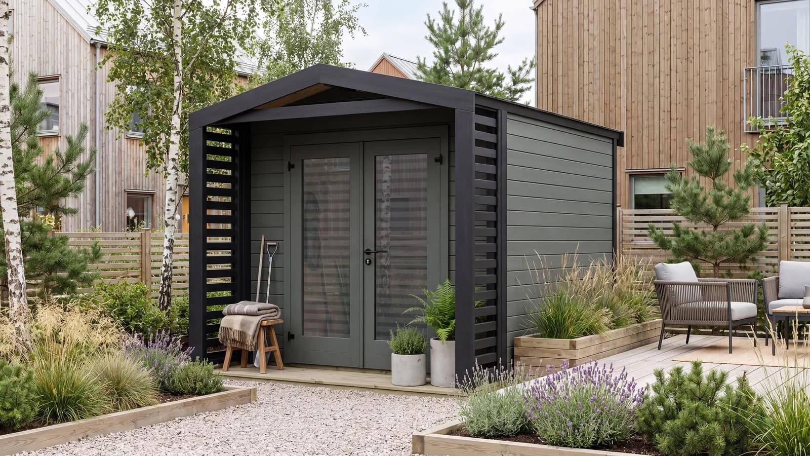 WEKA Gartenhaus Killarney Massivholz grau inkl. Vordach