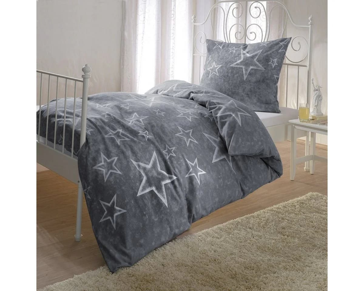 BETTWARENSHOP Bettwäsche Anthrazit-Sterne Biber 2-teilig - Bild 2