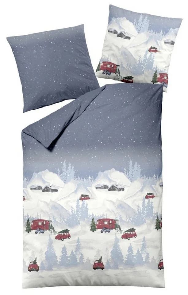 Dormisette Bettwäsche-Set Biber 2-teilig Rot/Blau Wintermotiv - Bild 2