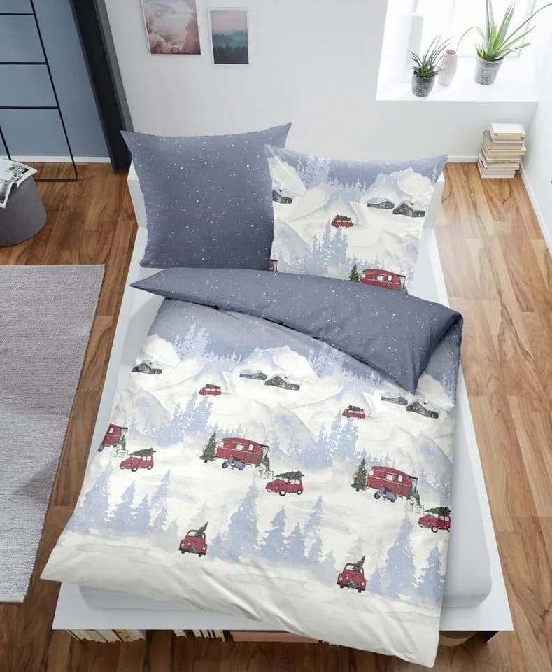 Dormisette Bettwäsche-Set Biber 2-teilig Rot/Blau Wintermotiv - Bild 3