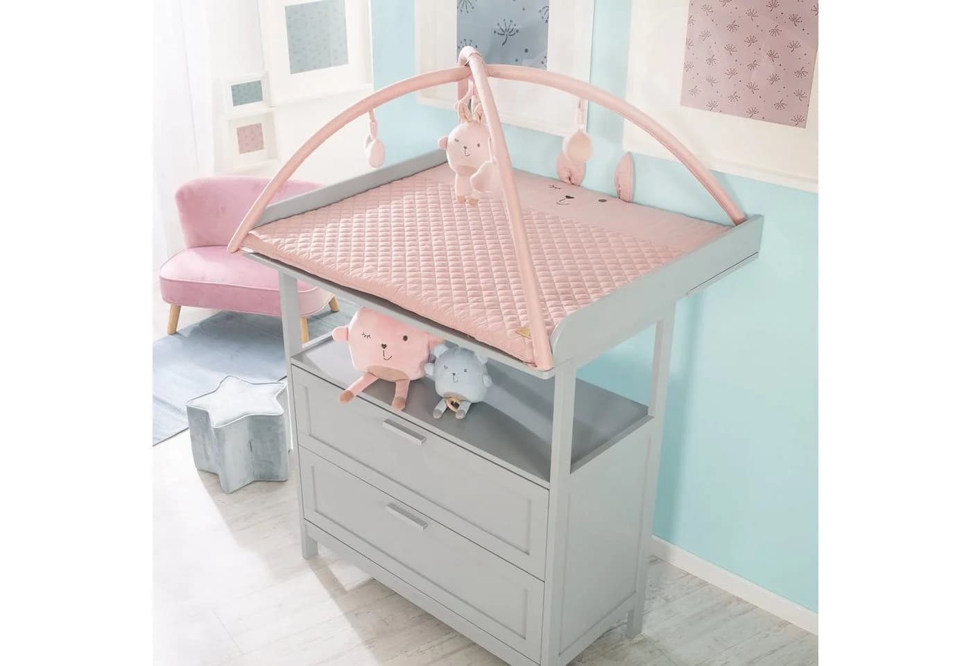 ROBA Spielbogen Style Rosa/Mauve mit 5 Spielelementen und Wickelauflage