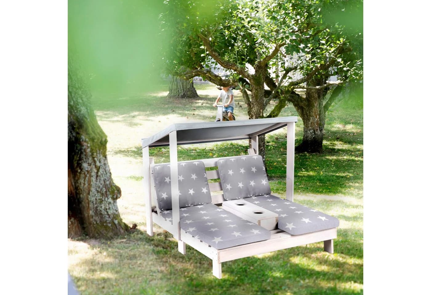 roba® Doppelliege 2er Gartenliege aus Holz Grau Little Stars