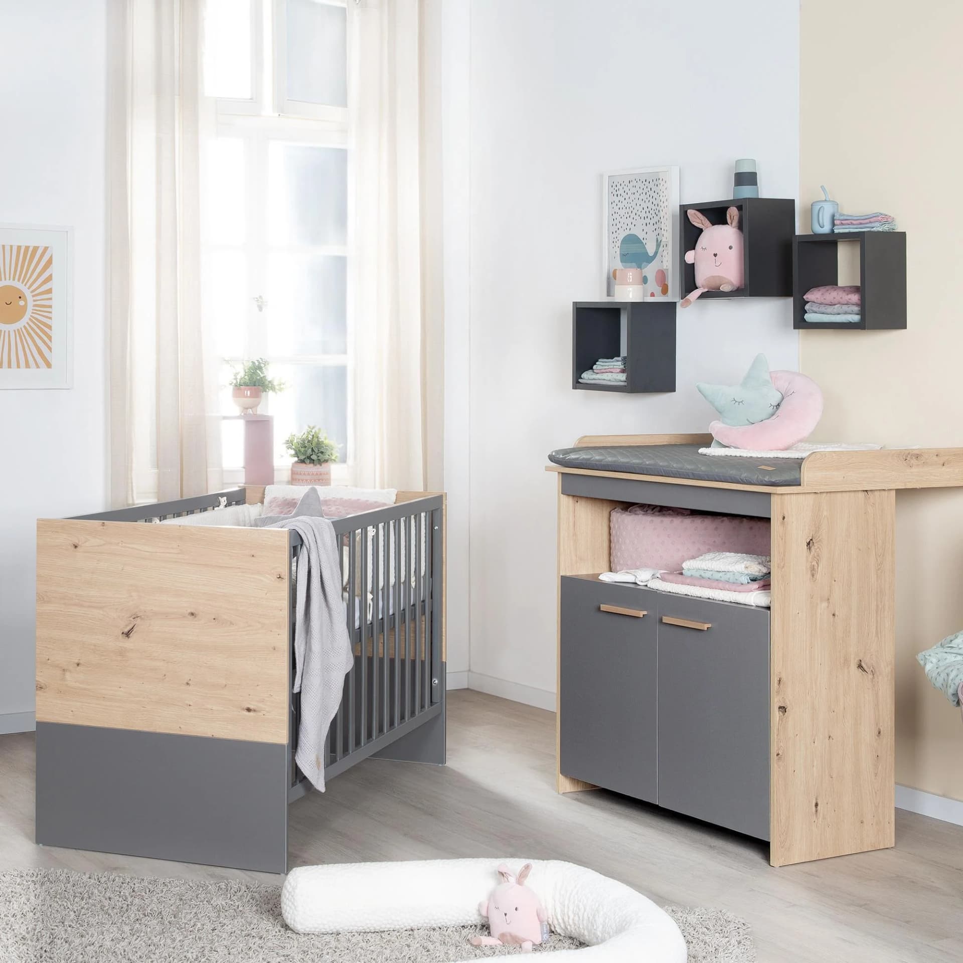roba® Babymöbel-Set Anna Baby- und Beistellbett Wickelkommode Holzdekor Kent Eiche