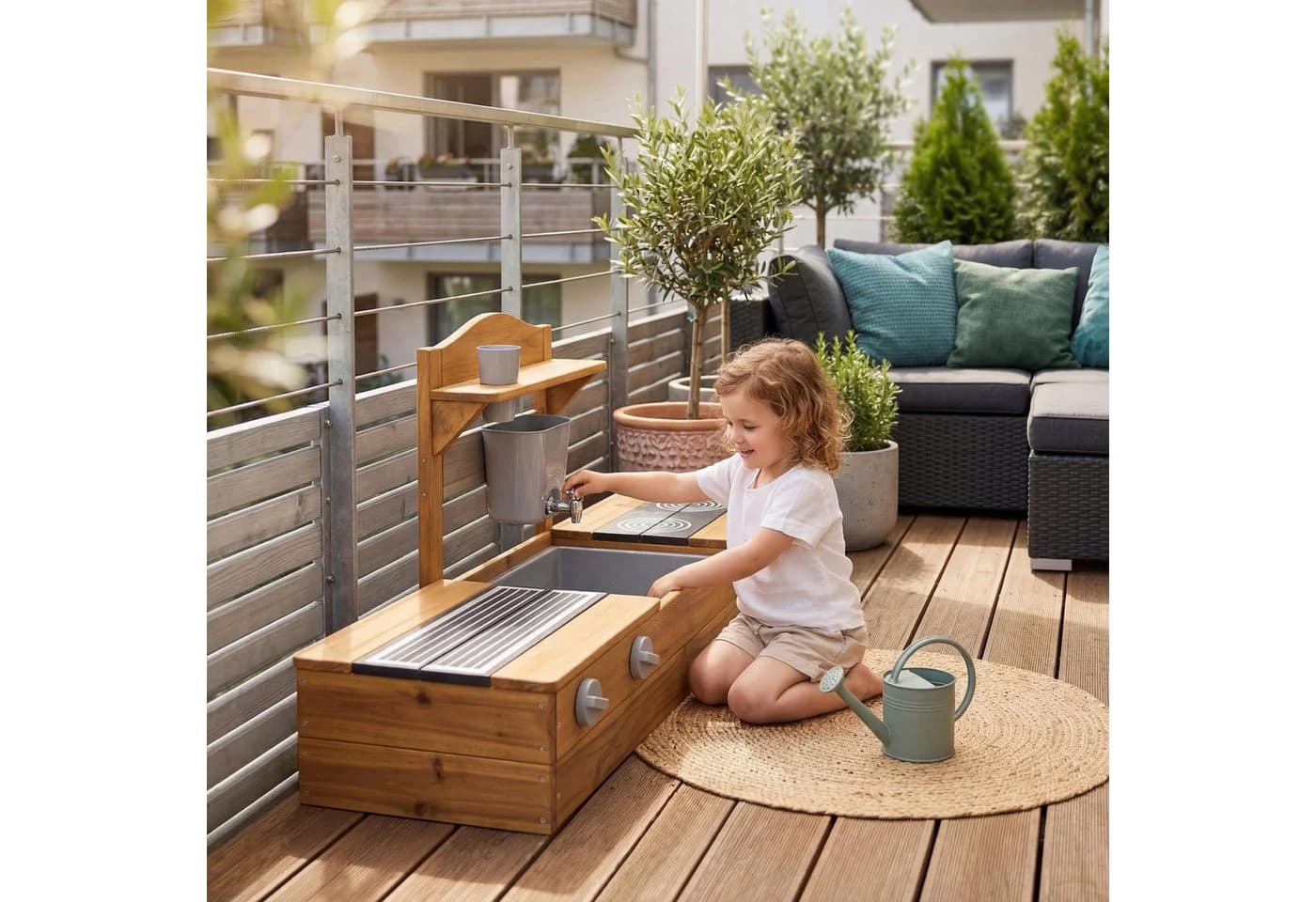 roba® Sandkasten Tiny 2-in-1 Balkonsandkasten mit Matschküche Massivholz