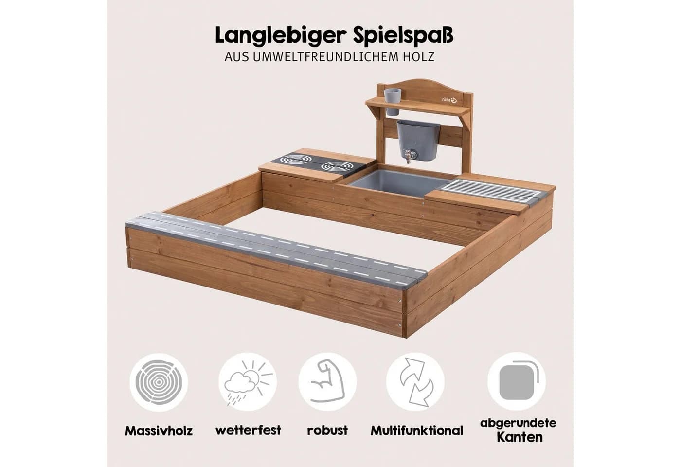 roba Sandkasten mit Matschküche und Sitzbank braun Massivholz - Bild 3